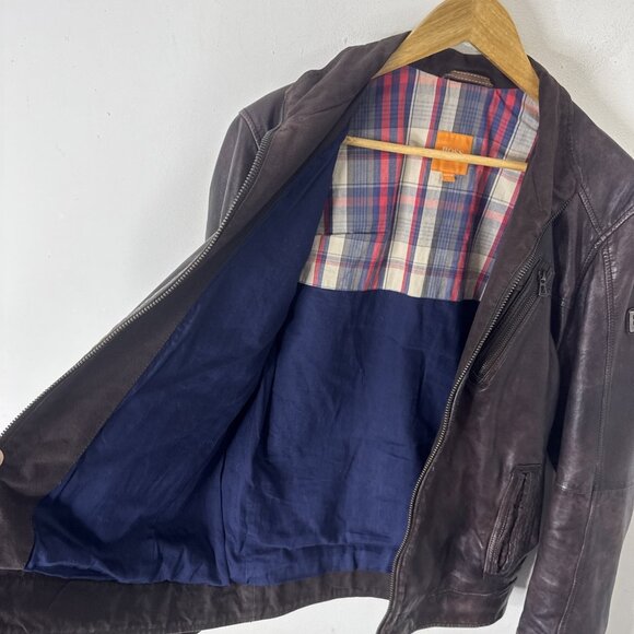 Hugo Boss Orange Men’s Lamb Leather Jacket Brown Size 38 Moto Plaid Lined Zip - Picture 12 of 12